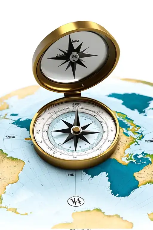 realistic 3d nautical compass sitting on a world map that shows iceland underneath the compass, with coordinates tattoo design idea