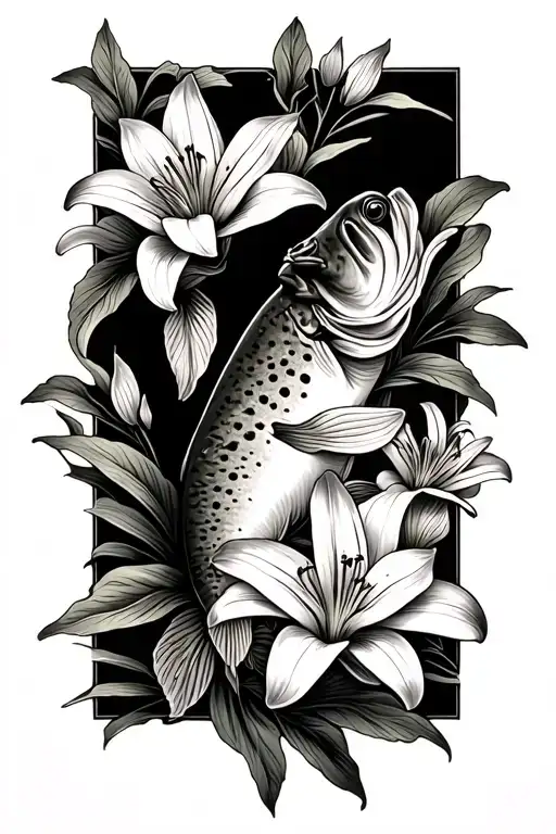 brook trout with lily flowers tattoo design idea