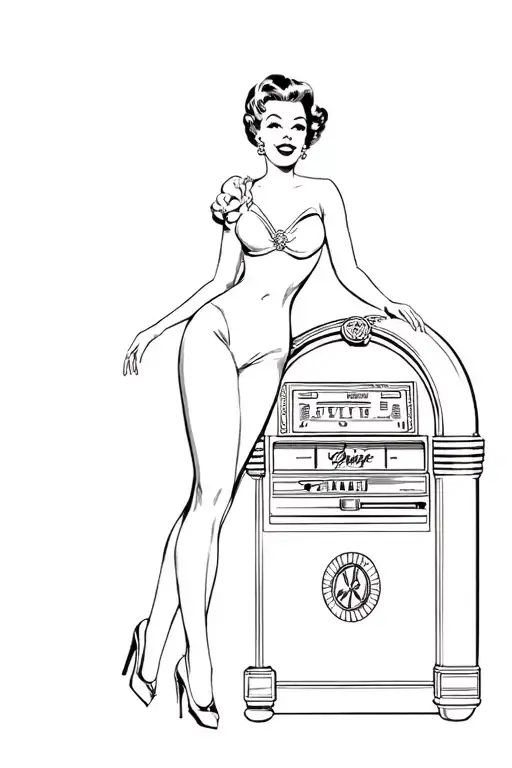 a 1950s pinup girl standing beside a juke box tattoo design idea