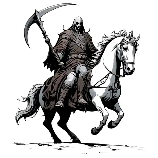 viking reaper with a scythe riding a pale horse names Hades tattoo design idea