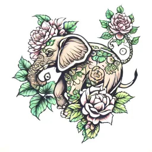 elephant, mandala, peonies, peridot tattoo design idea