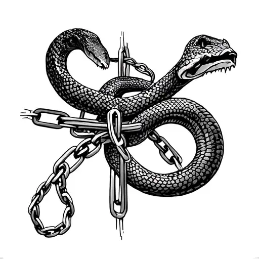 “An old-school tattoo where the snake is shaped like a cross and chains are wrapped around the snake. tattoo design idea