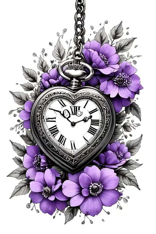 heart shaped pocket watch surrounded by purple flowers and a crown tattoo design idea