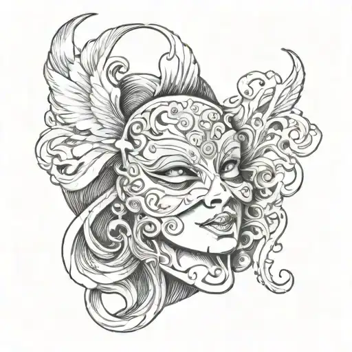 Create a tattoo of a woman taking off a theatre mask tattoo design idea