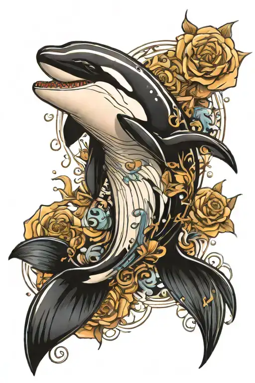 Tattoo on the left forearm. The main subject is a killer whale, surrounded by details that are not very noticeable. N tattoo design idea