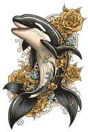 Tattoo on the left forearm. The main subject is a killer whale, surrounded by details that are not very noticeable. N tattoo design idea