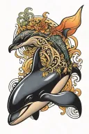 Tattoo on the left forearm. The main subject is a killer whale, surrounded by details that are not very noticeable. N tattoo design idea