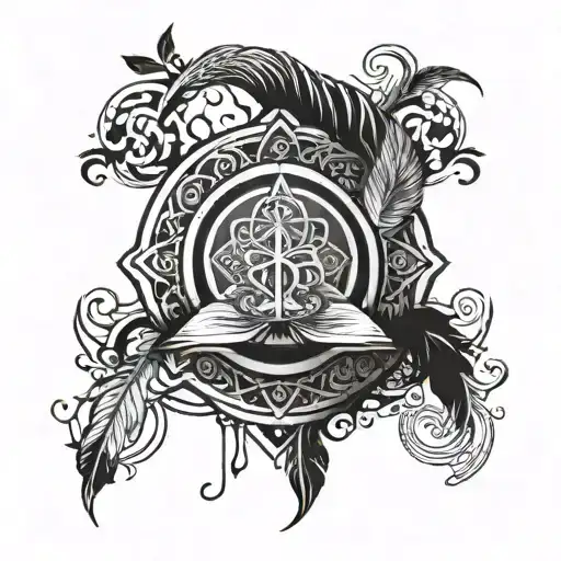 Incorporate a mandala, a quill pen and musical notes intertwined with Buddhist symbols tattoo design idea