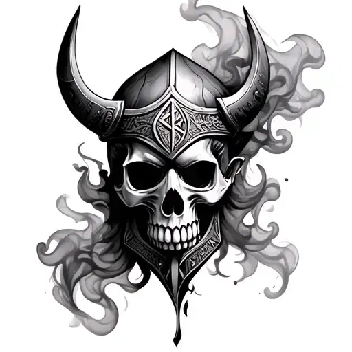 viking skull face smoke forming the shape of runes tattoo design idea