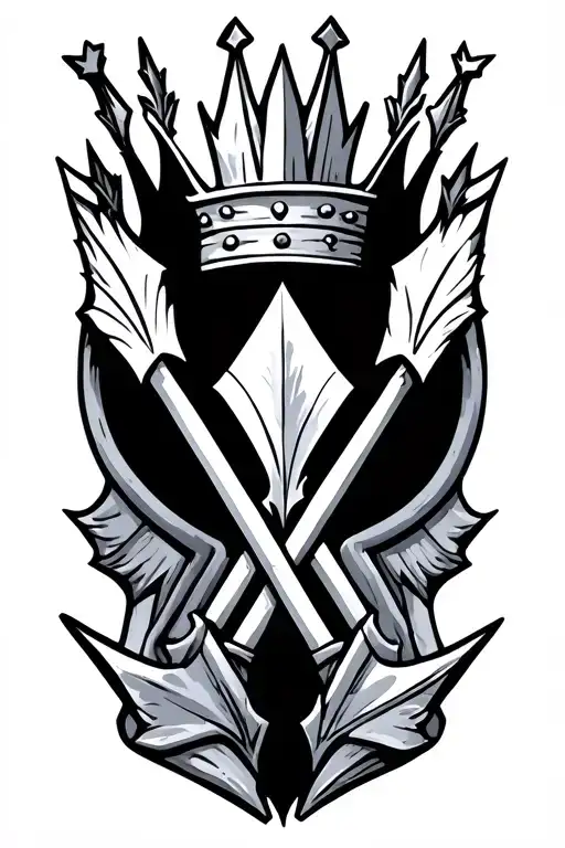 three arrows in slight V formation pointing to a crown. Art style is illustrative tattoo design idea