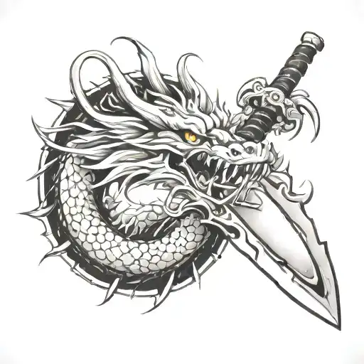 Japanese dragon wrapped around fisherman knife with little bit of pop  tattoo design idea