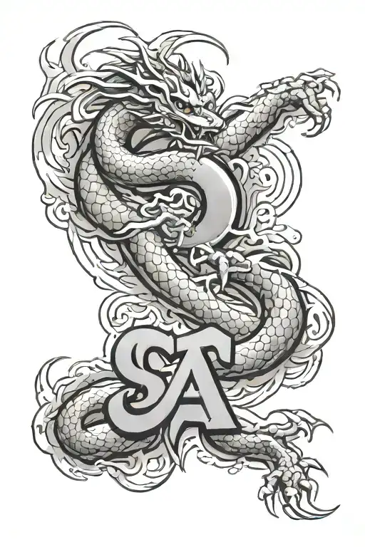 the name Ching in upper case letters going down  a leg with a Japanese dragon going through ever individual letter tattoo design idea