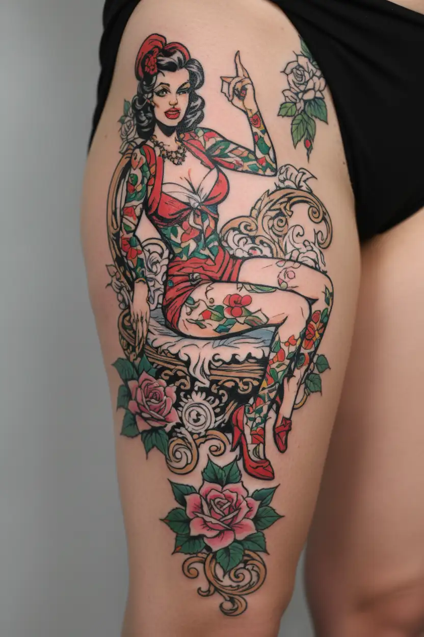 colorful full body female retro, some skin, cartoonish, pin-up girl style of sexy, cute, sweet, innocent, Mormon milf  tattoo design idea
