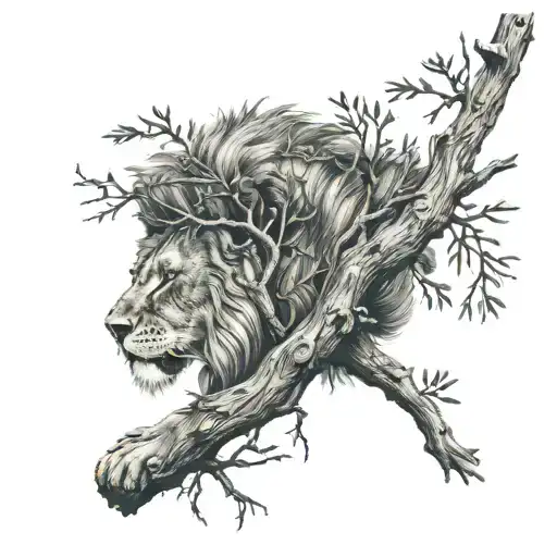 lion laying in branches of a juniper tree with mountains in the background tattoo design idea