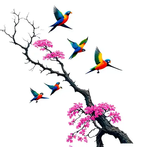 Purplw Jacaranda tree with rainbow lorikeets flying away tattoo design idea