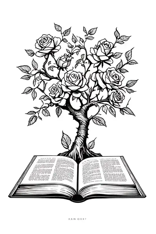 roses tree book open in front tattoo design idea