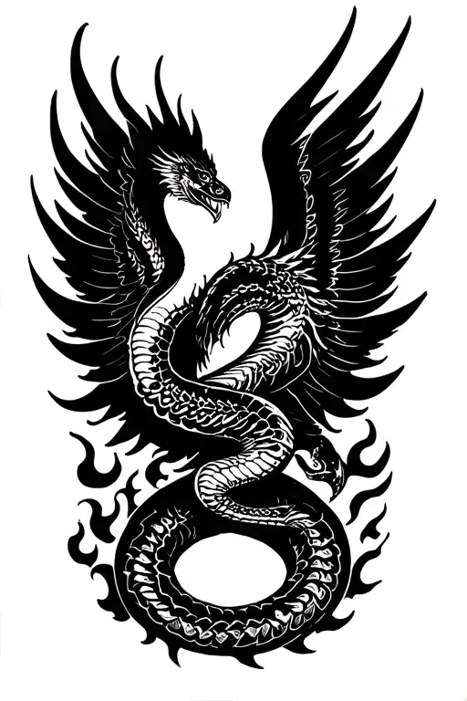 cobra with phoenix wings rising from flames tattoo design idea