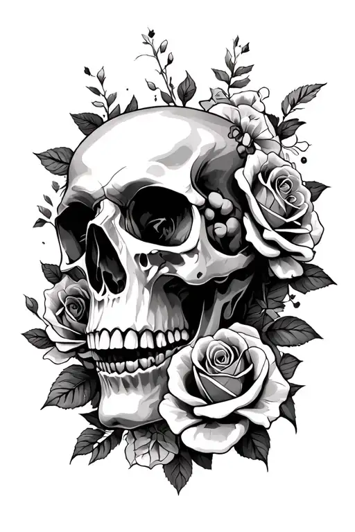 Skull and roses wrapped all together and filling the left gaps in the full sleeve tattoo design idea
