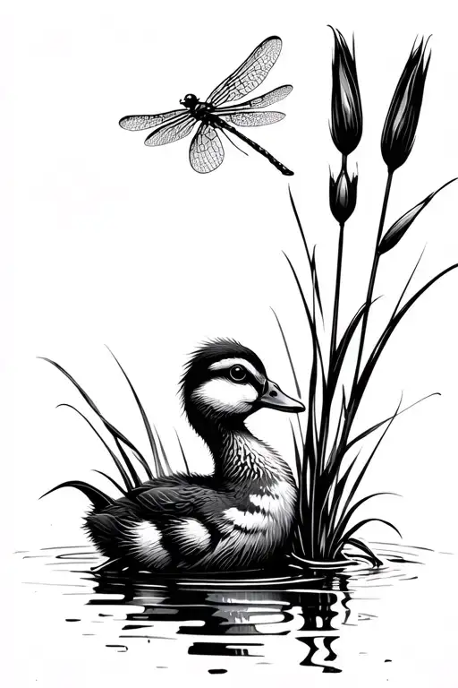 duckling looking up at dragonfly on cattails tattoo design idea