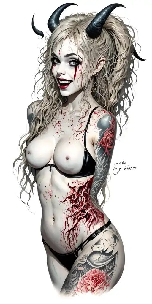 "Strength & Honor" Sexy Pale Girl, petite, big boobs, wide hips, G-String. Messy hair, demonic horns, sexual. Seductive smile. upper Body tattoo design idea