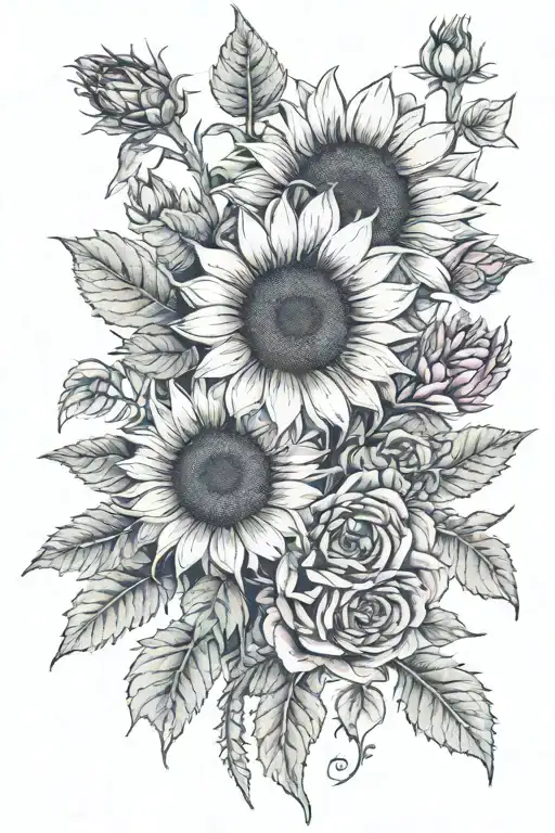 sunflower with black roses all around one , one red rose, one pink marigold flower, one honeysuckle, one daisy  tattoo design idea