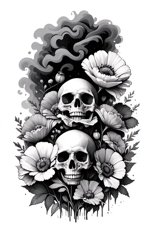 "The view from half way down " poppie flower field dark smoke coming off flowers and skull in the middle  tattoo design idea