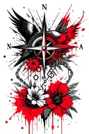 A compass, trans symbol, flowers, birds, rolled chains that break and the testosterone molecule tattoo design idea