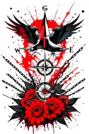 A compass, trans symbol, flowers, birds, rolled chains that break and the testosterone molecule tattoo design idea
