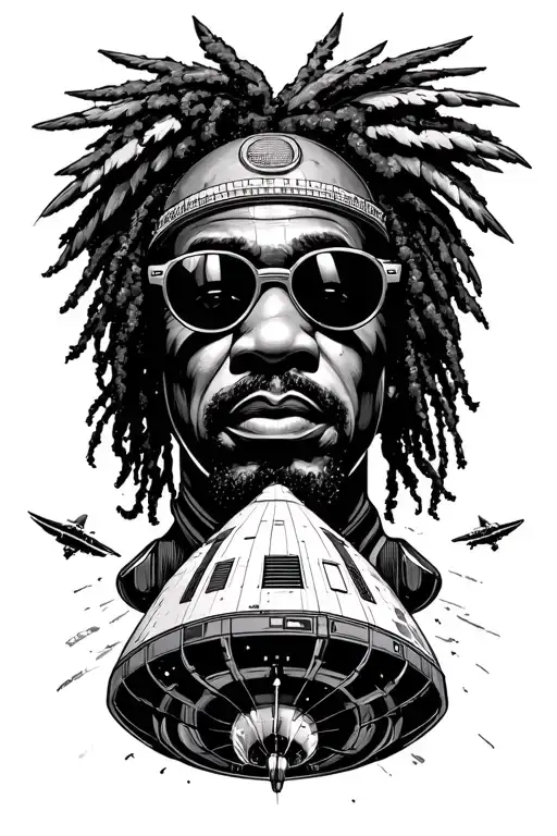 parliament spaceship flying and George Clinton  tattoo design idea