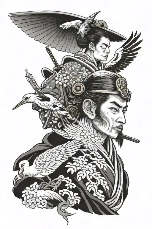 samurai with on mask and a stork bird tattoo design idea