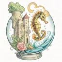 seahorse in a fish bowl on a castle tattoo design idea