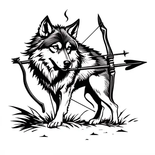 Help me generate aesthetic tattoo for me, I love wolf and I'm Sagittarius include a wolf with bow and arrow and include  tattoo design idea