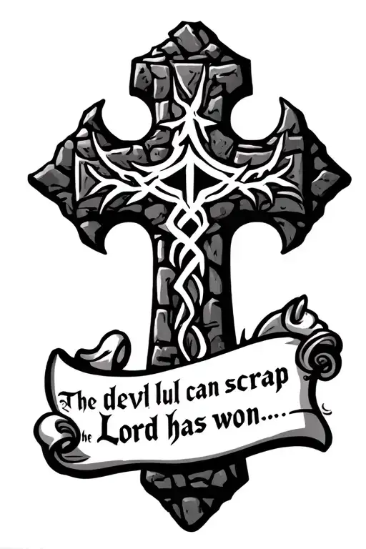 cobblestone cross with writing "the devil can scrap but the Lord has won" in old font on a scroll. tattoo design idea