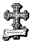 cobblestone cross with writing "the devil can scrap but the Lord has won" in old font on a scroll. tattoo design idea