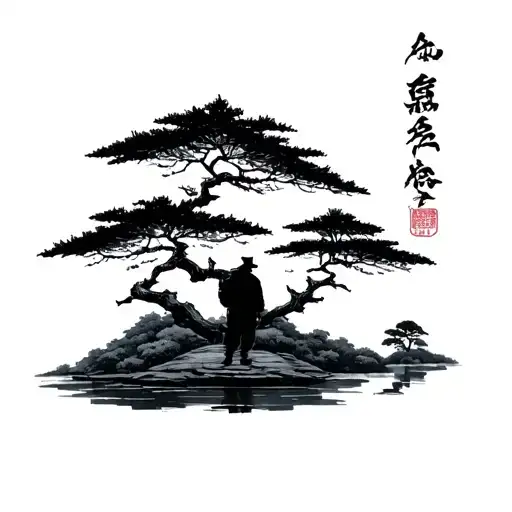 Japanese maple trees with fisher man tattoo design idea