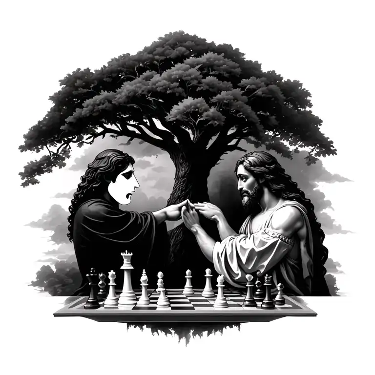 Jesus plays chess against Satan under the Adam tree, while Jesus removes the mask and it turns out that this is the devil tattoo design idea