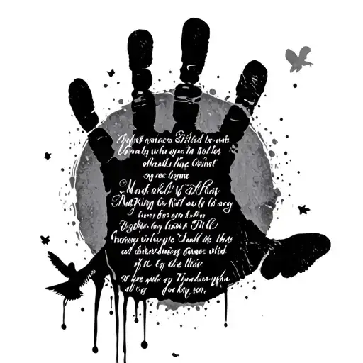 black ans white,kids handprint with lyrics from mocking bird sond writen in a circle around it in 2-3 layers of words tattoo design idea
