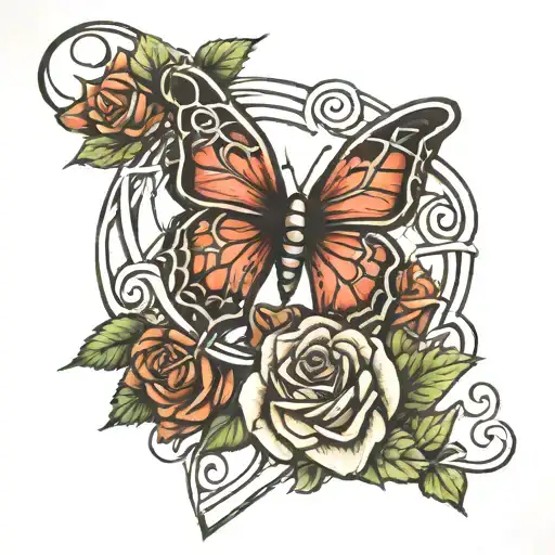 trinity knot with butterfly's and roses intertwined but one of the lines says the letters unbreakable  tattoo design idea