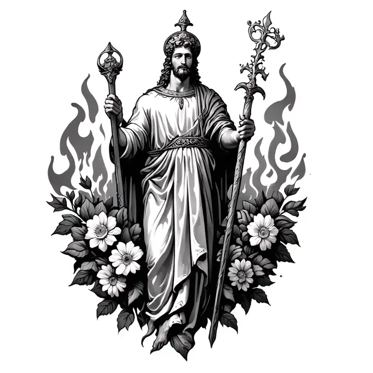 st Florian with fire and flowers tattoo design idea
