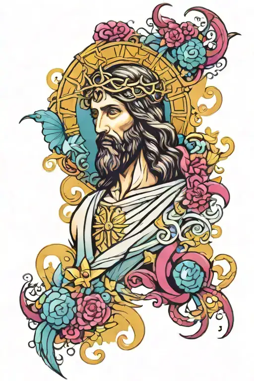  Jesus Christ Combine elements of Greek god, Futuristic, vibrant colored tattoo design idea