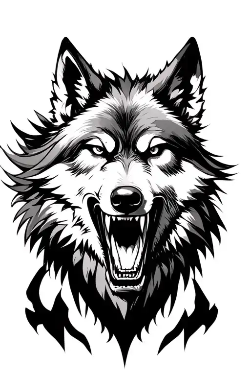 a guerrier zoulou with a dangerous wolf head and shadows in the background tattoo design idea