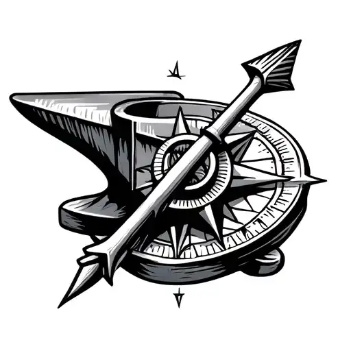 anvil and compass pointing north arrow tattoo design idea