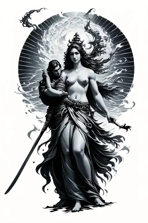 Water Goddess Aphrodite holding a samurai standing tattoo design idea