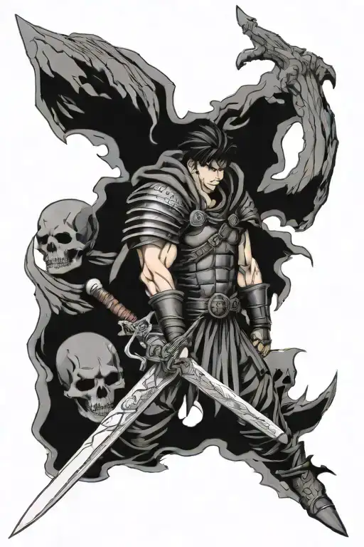Guts from Berserk stands among the skulls, holding his sword over his shoulder, looking down. tattoo design idea