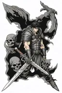 Guts from Berserk stands among the skulls, holding his sword over his shoulder, looking down. tattoo design idea