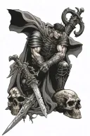 Guts from Berserk stands among the skulls, holding his sword over his shoulder, looking down. tattoo design idea