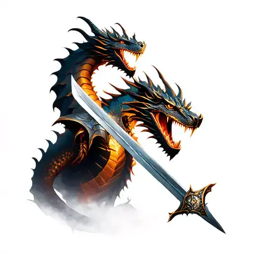 dark fantasy epic scene, menacing dragon wrapped around armored knight, sword impaling dragon, roaring dragon head, fier tattoo design idea