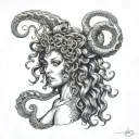 A realistic portrait of Medusa with intricate details of her snake hair and a subtle nod to the client's occupation as a stripper tattoo design idea