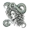 A realistic portrait of Medusa with intricate details of her snake hair and a subtle nod to the client's occupation as a stripper tattoo design idea