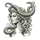 A realistic portrait of Medusa with intricate details of her snake hair and a subtle nod to the client's occupation as a stripper tattoo design idea